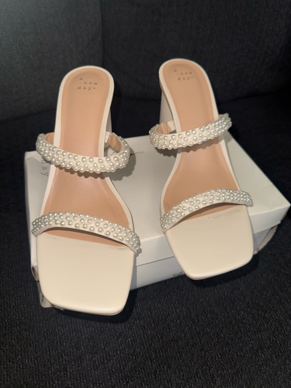 a new day Pearl-Embellished Cream Slide Mules